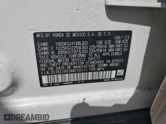 2024 Honda HR-V Sport with VIN 3CZRZ1H53RM720111, listed as a Copart auction lot 46855265 with 30,132 mi miles and Salvage Title. Bid and sale history available at carsss.com. Image 14.
