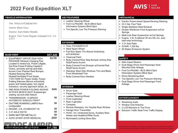 2022 Ford Expedition XLT with VIN 1FMJU1HT2NEA67041, listed as a Copart auction lot 67753854 with 37,203 mi miles and Non Repairable. Bid and sale history available at carsss.com. Image 13.