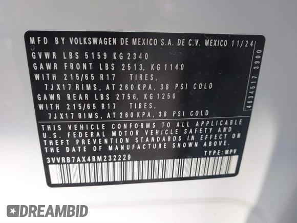2024 Volkswagen Tiguan S with VIN 3VVRB7AX4RM232229, listed as a IAAI auction lot 41673555 with 333 mi miles and . Bid and sale history available at DreamBid. Image 9.