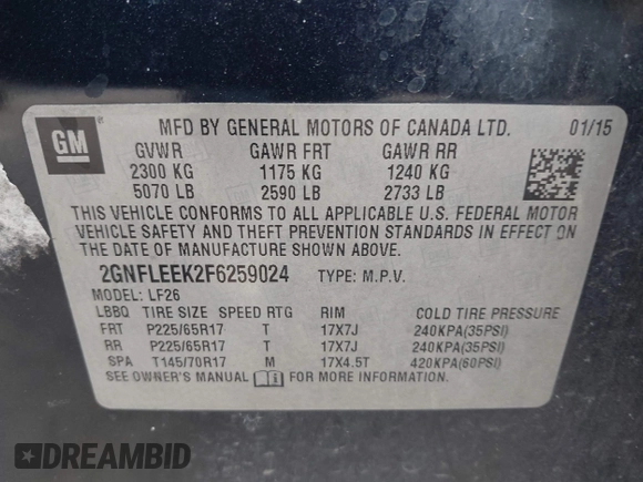 2015 Chevrolet Equinox LS with VIN 2GNFLEEK2F6259024, listed as a IAAI auction lot 41974222 with 144,100 mi miles. Bid and sale history available at carsss.com. Image 9.