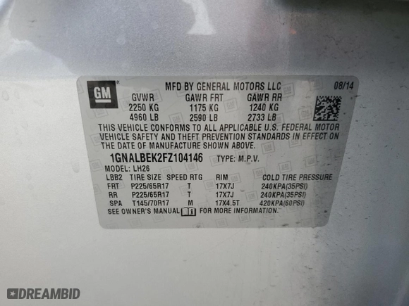 2015 Chevrolet Equinox LT with VIN 1GNALBEK2FZ104146, listed as a Copart auction lot 51701585 with 233,683 mi miles and Clean Title. Bid and sale history available at carsss.com. Image 13.