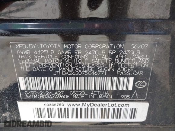 2007 Lexus IS 250 with VIN JTHBK262075046771, listed as a IAAI auction lot 42094243 with 225,879 mi miles and . Bid and sale history available at DreamBid. Image 9.