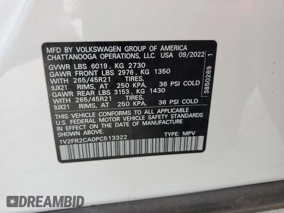 2023 Volkswagen Atlas SEL Premium R-Line z VIN 1V2FR2CA0PC513322, wystawiony jako Copart lot #41394145 z przebiegiem 16 693 mil mil oraz Szkoda całkowita • Salvage title. Historia ofert i sprzedaży dostępna na DreamBid. Obrazek 16.