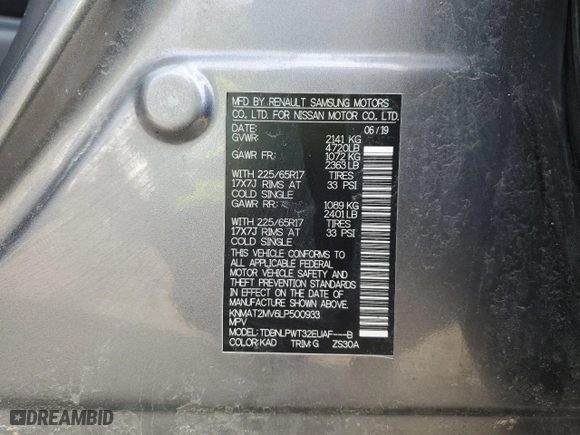 2020 Nissan Rogue SV with VIN KNMAT2MV6LP500933, listed as a Copart auction lot 45981465 with 0 mi miles and Salvage Title. Bid and sale history available at carsss.com. Image 13.