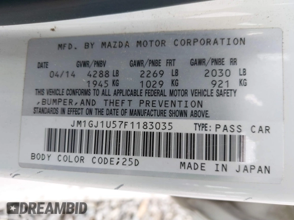 2015 Mazda 6 i Sport with VIN JM1GJ1U57F1183035, listed as a IAAI auction lot 41384011 with 152,172 mi miles. Bid and sale history available at carsss.com. Image 9.