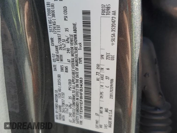 2017 Ford F-150 XL with VIN 1FTEW1EF8HFB34383, listed as a Copart auction lot 45608185 with Not Provided miles and Salvage Title. Bid and sale history available at carsss.com. Image 13.