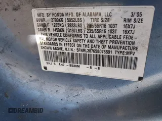 2005 Honda Odyssey EX-L with VIN 5FNRL38765B076591, listed as a IAAI auction lot 41624354 with 172,698 mi miles and . Bid and sale history available at DreamBid. Image 9.