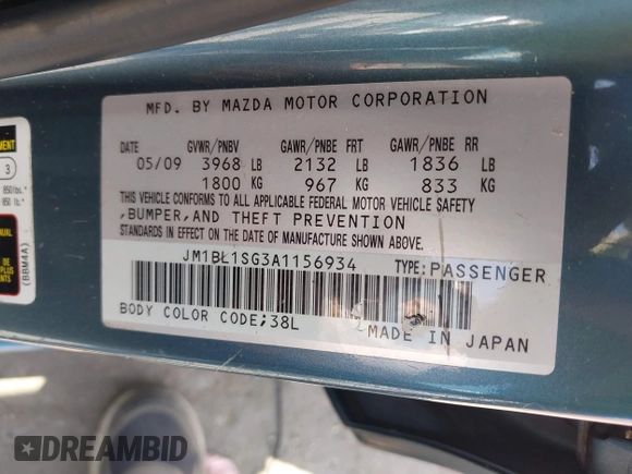 2010 Mazda 3 i Sport with VIN JM1BL1SG3A1156934, listed as a IAAI auction lot 42186172 with 151,056 mi miles and . Bid and sale history available at DreamBid. Image 9.