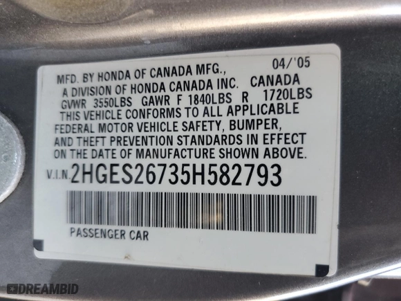2005 Honda Civic Sdn EX with VIN 2HGES26735H582793, listed as a Copart auction lot 46949125 with 312,604 mi miles and Salvage Title. Bid and sale history available at carsss.com. Image 12.