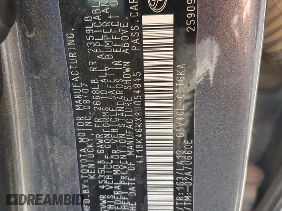 2008 Toyota Camry LE z VIN 4T1BK46KX8U054845, wystawiony jako Copart lot #56856655 z przebiegiem 247 135 mil mil oraz Szkoda całkowita • Salvage title. Historia ofert i sprzedaży dostępna na DreamBid. Obrazek 12.