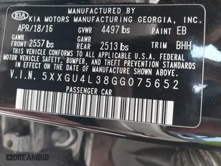2016 Kia Optima EX with VIN 5XXGU4L38GG075652, listed as a IAAI auction lot 39544592 with 151,960 mi miles. Bid and sale history available at carsss.com. Image 9.