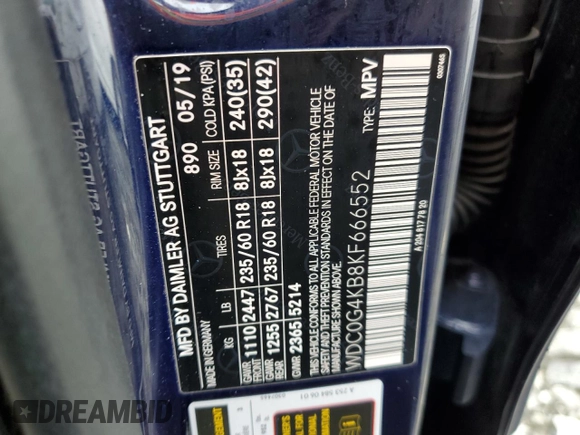 2019 Mercedes-Benz GLC with VIN WDC0G4KB8KF666552, listed as a Copart auction lot 65876002 with 0 mi miles. Bid and sale history available at carsss.com. Image 10.
