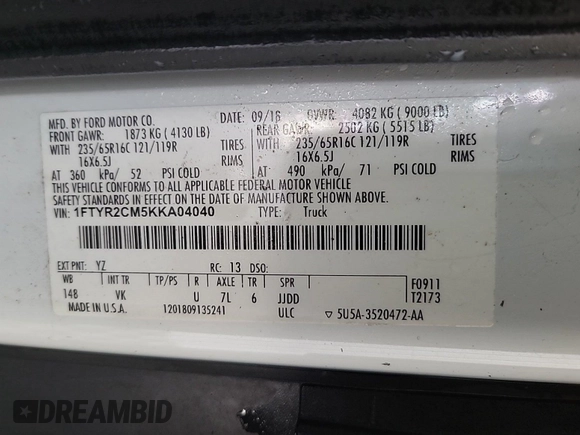 2019 Ford Transit with VIN 1FTYR2CM5KKA04040, listed as a IAAI auction lot 42715725 with 175,169 mi miles and . Bid and sale history available at DreamBid. Image 35.