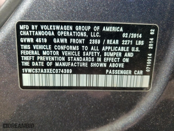 2014 Volkswagen Passat SEL Premium with VIN 1VWCS7A3XEC074389, listed as a Copart auction lot 48325795 with 117,875 mi miles and Salvage Title. Bid and sale history available at carsss.com. Image 12.