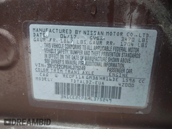 2017 Nissan Note SV with VIN 3N1CE2CP8HL375249, listed as a IAAI auction lot 41972181 with 44,934 mi miles and . Bid and sale history available at DreamBid. Image 9.
