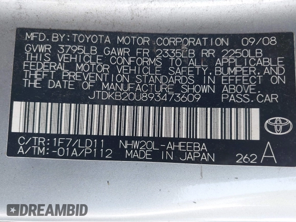 2009 Toyota Prius z VIN JTDKB20U893473609, wystawiony jako IAAI lot #42507503 z przebiegiem 163 339 mil mil oraz . Historia ofert i sprzedaży dostępna na DreamBid. Obrazek 9.