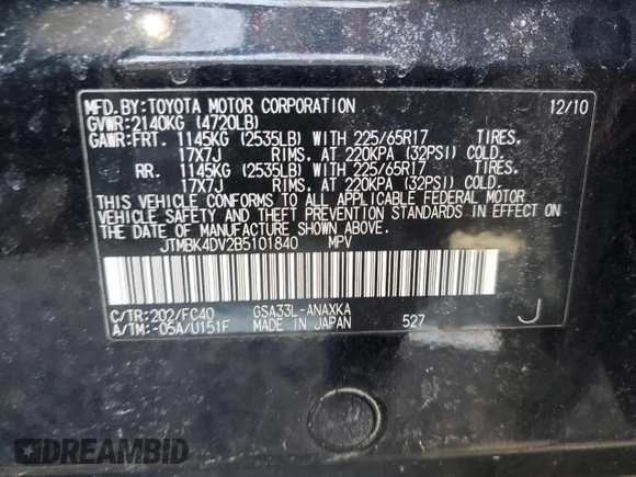 2011 Toyota RAV4 with VIN JTMBK4DV2B5101840, listed as a Copart auction lot 43525535 with 155,899 mi miles and Salvage Title. Bid and sale history available at carsss.com. Image 13.