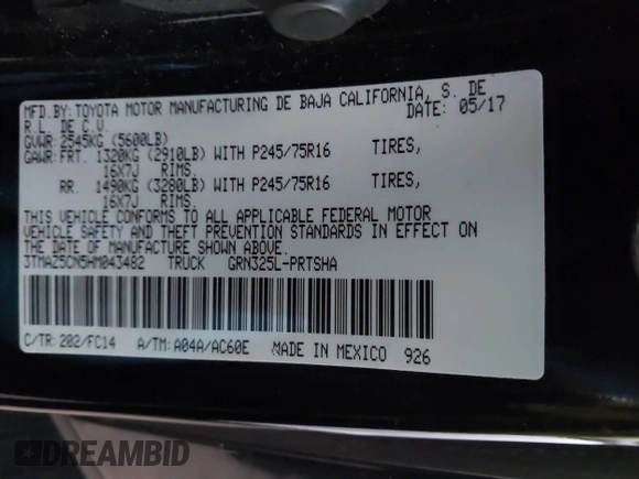 2017 Toyota Tacoma SR5 with VIN 3TMAZ5CN5HM043482, listed as a IAAI auction lot 41613811 with 114,795 mi miles and . Bid and sale history available at carsss.com. Image 9.