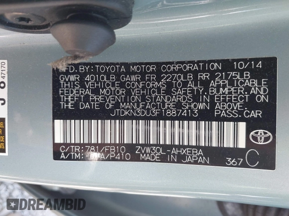 2015 Toyota Prius Four with VIN JTDKN3DU3F1887413, listed as a IAAI auction lot 42170625 with 231,460 mi miles and . Bid and sale history available at DreamBid. Image 9.