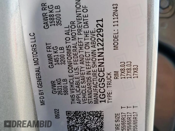 2022 Chevrolet Colorado 2WD LT with VIN 1GCGSCEN1N1222921, listed as a Copart auction lot 58193695 with 53,422 mi miles and Salvage title. Bid and sale history available at DreamBid. Image 12.