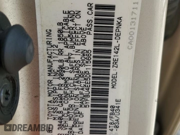 2013 Toyota Corolla L with VIN 5YFBU4EE5DP115665, listed as a Copart auction lot 54846775 with 162,094 mi miles and Salvage Title. Bid and sale history available at DreamBid. Image 12.