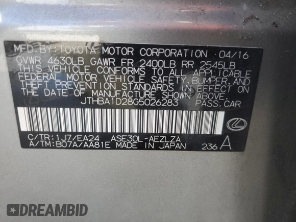 2016 Lexus IS 200t with VIN JTHBA1D28G5026283, listed as a Copart auction lot 62036865 with 69,638 mi miles and Salvage title. Bid and sale history available at DreamBid. Image 12.