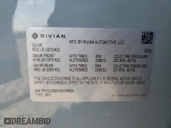 2025 Rivian R1S Adventure z VIN 7PDSGBBA5SN045424, wystawiony jako Copart lot #49675655 z przebiegiem Nie podano mil oraz Szkoda całkowita • Salvage title. Historia ofert i sprzedaży dostępna na DreamBid. Obrazek 13.