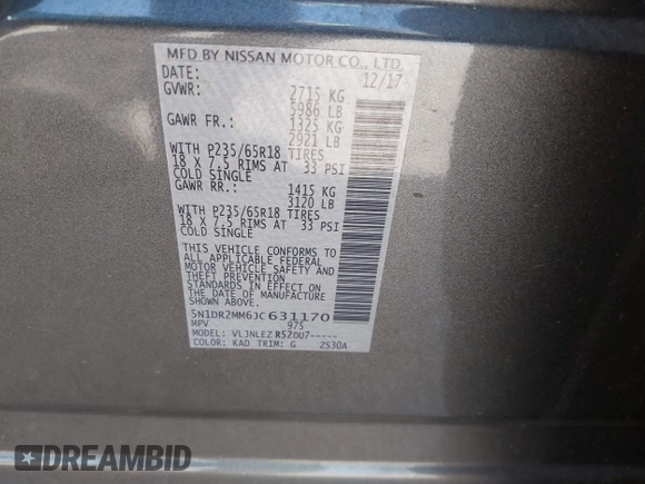 2018 Nissan Pathfinder SL with VIN 5N1DR2MM6JC631170, listed as a IAAI auction lot 42117981 with 84,149 mi miles and . Bid and sale history available at DreamBid. Image 9.