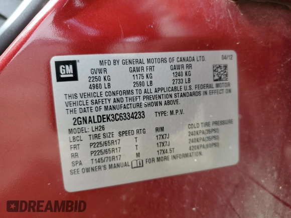 2012 Chevrolet Equinox 1LT z VIN 2GNALDEK3C6334233, wystawiony jako Copart lot #49708485 z przebiegiem 153 924 mil mil oraz Tytuł czysty. Historia ofert i sprzedaży dostępna na DreamBid. Obrazek 15.