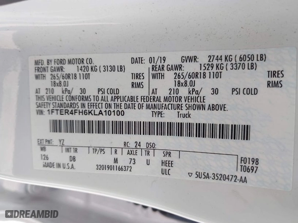 2019 Ford Ranger XL with VIN 1FTER4FH6KLA10100, listed as a IAAI auction lot 41867560 with 66,009 mi miles. Bid and sale history available at carsss.com. Image 9.