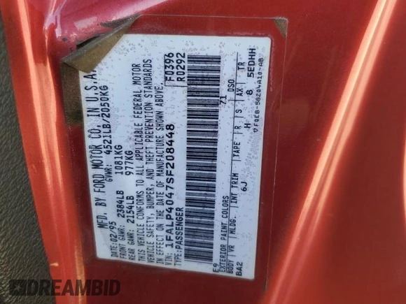 1995 Ford Mustang with VIN 1FALP4047SF208448, listed as a Copart auction lot 80992644 with 328,529 mi miles and Salvage Title. Bid and sale history available at carsss.com. Image 12.