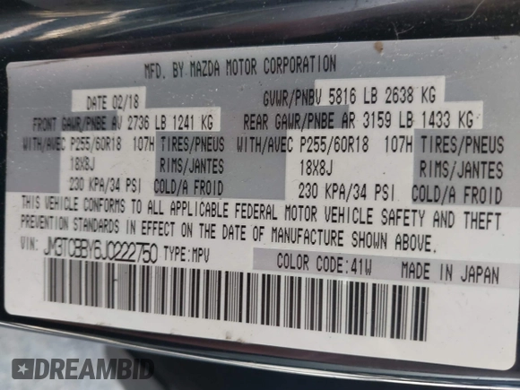 2018 Mazda CX-9 Sport with VIN JM3TCBBY6J0222750, listed as a IAAI auction lot 42294464 with 63,927 mi miles and . Bid and sale history available at DreamBid. Image 9.