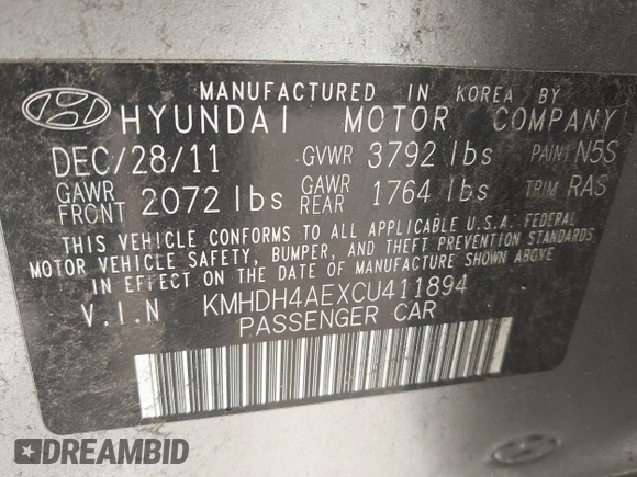 2012 Hyundai Elantra Limited with VIN KMHDH4AEXCU411894, listed as a IAAI auction lot 42068313 with 192,879 mi miles. Bid and sale history available at carsss.com. Image 9.