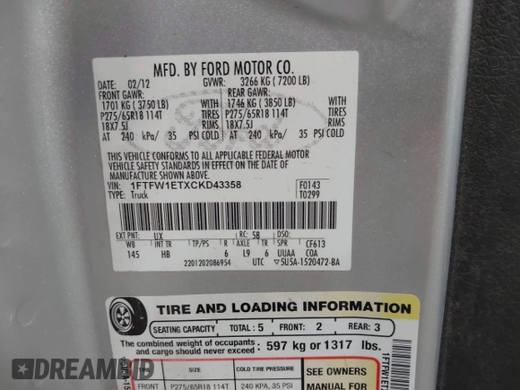 2012 Ford F-150 XL with VIN 1FTFW1ETXCKD43358, listed as a IAAI auction lot 42510091 with 267,104 mi miles and . Bid and sale history available at DreamBid. Image 9.