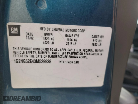 2003 Pontiac Grand Am SE2 with VIN 1G2NG52E43M529928, listed as a Copart auction lot 85628894 with 185,062 mi miles and Salvage Title. Bid and sale history available at carsss.com. Image 12.