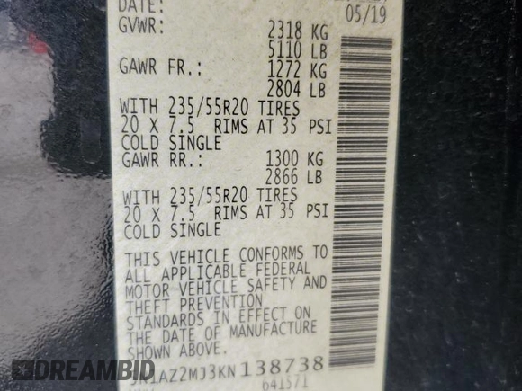 2019 Nissan Murano SL z VIN 5N1AZ2MJ3KN138738, wystawiony jako Copart lot #50719705 z przebiegiem 38 219 mil mil oraz Szkoda całkowita • Salvage title. Historia ofert i sprzedaży dostępna na DreamBid. Obrazek 15.