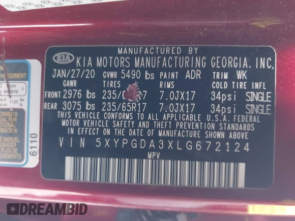 2020 Kia Sorento LX with VIN 5XYPGDA3XLG672124, listed as a IAAI auction lot 41863145 with 62,983 mi miles and . Bid and sale history available at DreamBid. Image 9.
