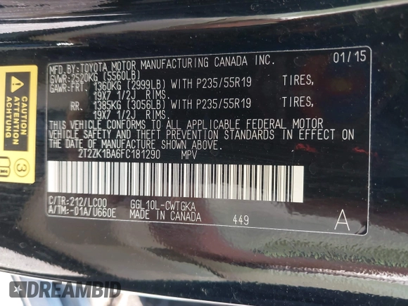 2015 Lexus RX 350 with VIN 2T2ZK1BA6FC181290, listed as a IAAI auction lot 42148837 with 71,583 mi miles and . Bid and sale history available at DreamBid. Image 9.