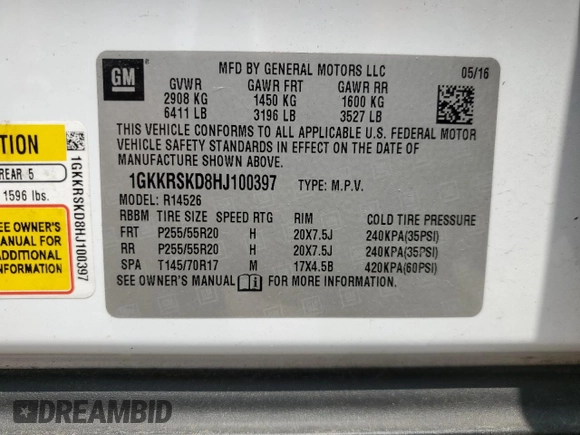 2017 GMC Acadia Limited z VIN 1GKKRSKD8HJ100397, wystawiony jako Copart lot #54320075 z przebiegiem 107 684 mil mil oraz Szkoda całkowita • Salvage title. Historia ofert i sprzedaży dostępna na DreamBid. Obrazek 14.