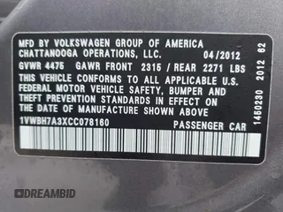 2012 Volkswagen Passat SE с VIN 1VWBH7A3XCC078160, выставлен на аукционе IAAI как лот 42229424 с пробегом 179 988 миль миль и . История ставок и продаж доступна на DreamBid. Изображение 9.