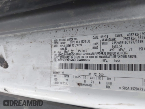 2019 Ford Transit z VIN 1FTYR1CM4KKA00667, wystawiony jako IAAI lot #41430228 z przebiegiem 252 757 mil mil oraz . Historia ofert i sprzedaży dostępna na DreamBid. Obrazek 9.