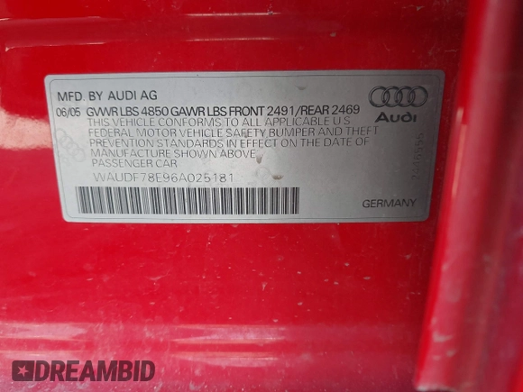 2006 Audi A4 2.0T with VIN WAUDF78E96A025181, listed as a IAAI auction lot 41666344 with 117,720 mi miles and . Bid and sale history available at DreamBid. Image 9.