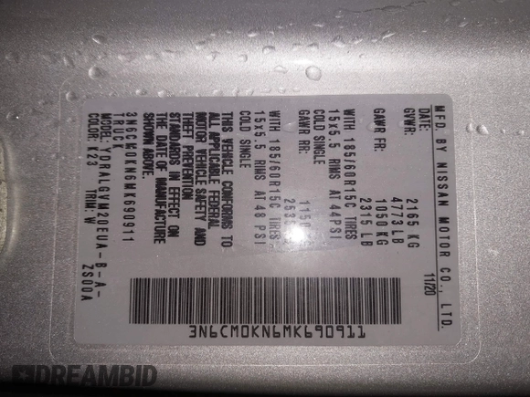 2021 Nissan NV200 SV z VIN 3N6CM0KN6MK690911, wystawiony jako IAAI lot #41250782 z przebiegiem Nie podano mil oraz . Historia ofert i sprzedaży dostępna na DreamBid. Obrazek 9.