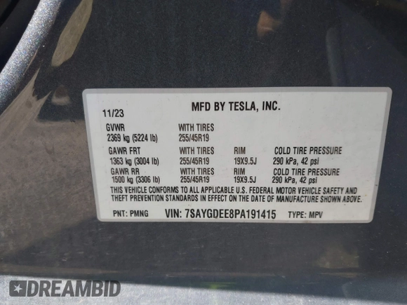 2023 Tesla Model Y Long Range z VIN 7SAYGDEE8PA191415, wystawiony jako IAAI lot #42155577 z przebiegiem 42 149 mil mil oraz . Historia ofert i sprzedaży dostępna na DreamBid. Obrazek 9.