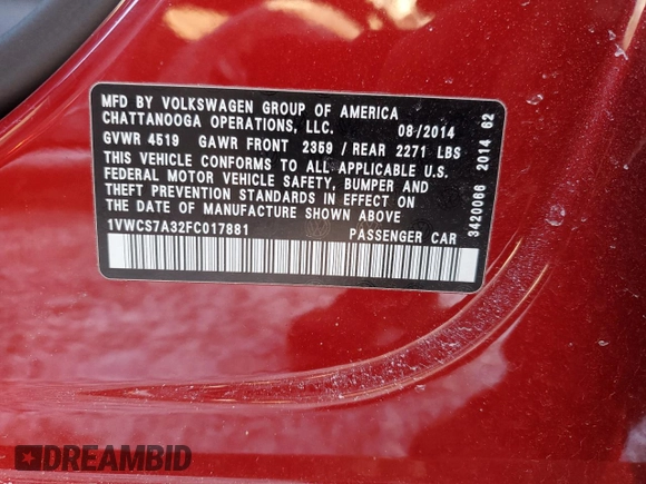 2015 Volkswagen Passat SEL Premium z VIN 1VWCS7A32FC017881, wystawiony jako Copart lot #46234435 z przebiegiem 108 518 mil mil oraz Szkoda całkowita • Salvage title. Historia ofert i sprzedaży dostępna na DreamBid. Obrazek 12.