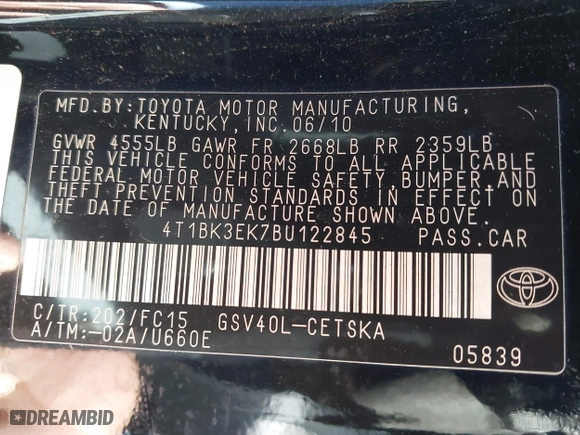 2011 Toyota Camry LE with VIN 4T1BK3EK7BU122845, listed as a IAAI auction lot 41656929 with 120,202 mi miles. Bid and sale history available at carsss.com. Image 9.