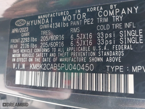 2023 Hyundai Kona SE with VIN KM8K2CAB5PU040450, listed as a IAAI auction lot 41490951 with 35,470 mi miles. Bid and sale history available at carsss.com. Image 9.