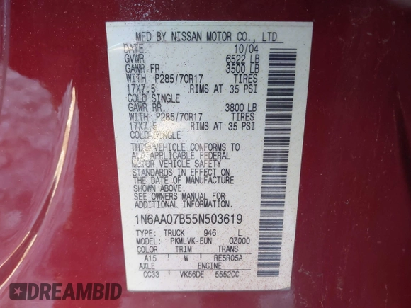2005 Nissan Titan LE with VIN 1N6AA07B55N503619, listed as a IAAI auction lot 41411281 with 177,538 mi miles. Bid and sale history available at carsss.com. Image 9.