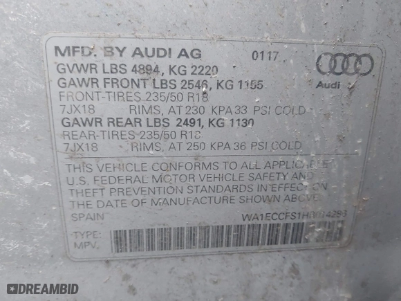 2017 Audi Q3 Premium with VIN WA1ECCFS1HR014286, listed as a IAAI auction lot 41582743 with 105,585 mi miles. Bid and sale history available at carsss.com. Image 9.