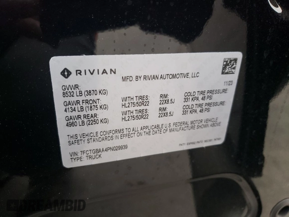 2023 Rivian R1T Adventure with VIN 7FCTGBAA4PN029939, listed as a Copart auction lot 78209134 with 3,681 mi miles and Salvage Title. Bid and sale history available at carsss.com. Image 13.